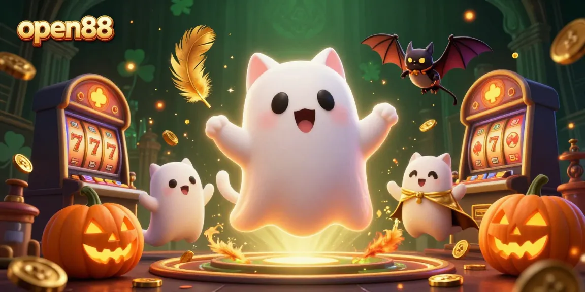Players enjoying open88's haunted casino experience with ghost cat and vampire bat companions.