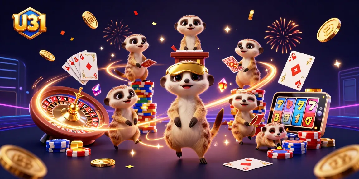 U31 meerkats celebrate wins as dynamic casino operators, surrounded by vibrant game elements.