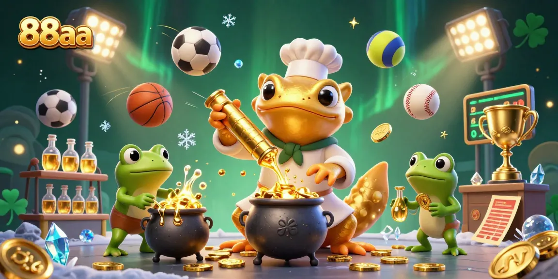 88aa showcases a vibrant 3D casino scene with a golden salamander alchemist transforming metals amidst dynamic sports elements.