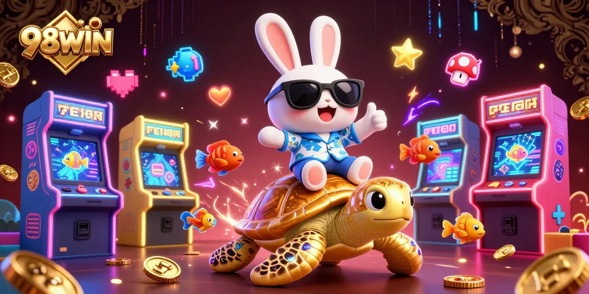Experience the excitement of 98WIN with a lucky rabbit and sea turtle in a vibrant casino scene.