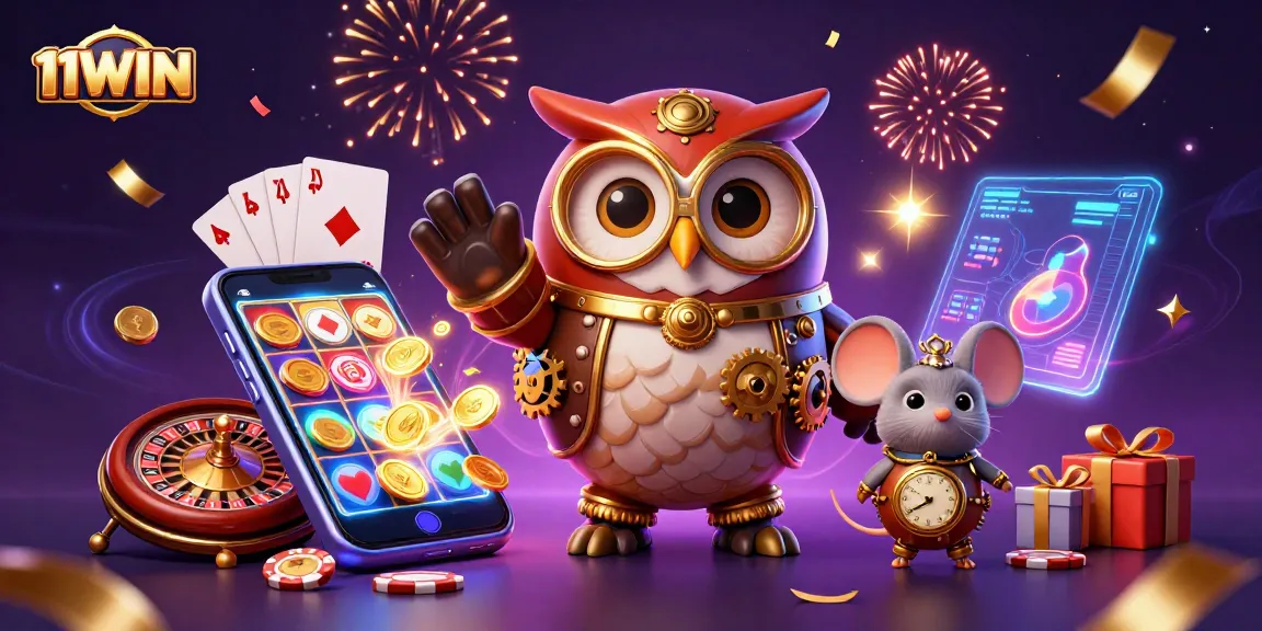 Play exciting slots with 11WIN in a vibrant casino featuring an owl and a mouse.